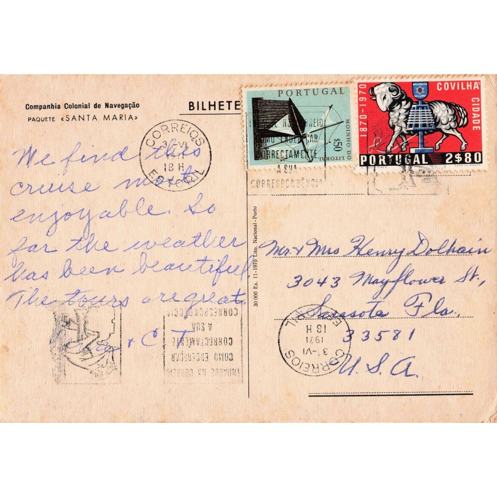 Vintage T/S Santa Maria Postcard Gordon Ellis Art Companhia Colonial Navegacao - Picture 2 of 2